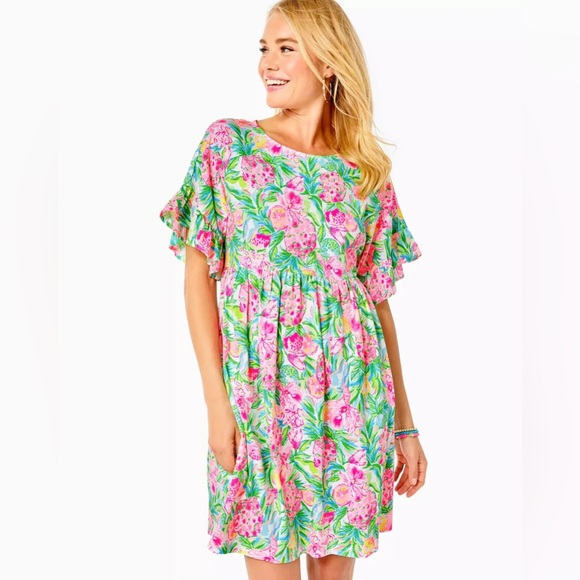 Lilly Pulitzer Dresses & Skirts - Lilly Pulitzer Tiltson Swing Midi Dress Hot Pink Green Floral Ruffles Medium